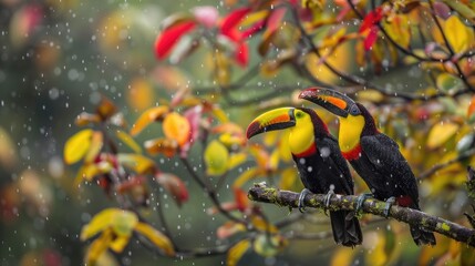 Wildlife Adventure: Two Keel-billed Toucans Sitting on a Tree Branch Surrounded by Greenery and Red Sky