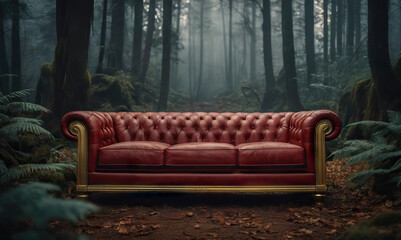 Wall Mural - Mock-up captures a red luxury classic sofa against the backdrop of a lush grunge forest, evoking feelings of tranquility and relaxation.