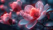 Futuristic flowers,(Magnolia flower) design sense, digital plants, volume line contrast, glass, metal, texture, neon light, fluorescent, transparent plastic