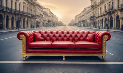 Wall Mural - Mock-up red luxury classic sofa stands outdoor in the middle of empty city road,buildings at the background.