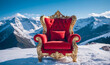 Mock-up red luxury classic armchair stands at the top of snowy mountain, symbolizing tranquility and relaxation.