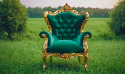 Wall Mural - Green luxury classic armchair with gold elements stands in field of green grass mock up. The concept of Natural Harmony, Rest and Relaxation, Vintage Style and Nature.