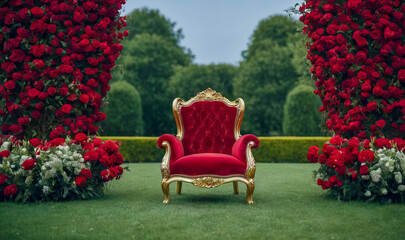 Wall Mural - Mock-up red luxury classic armchair stands in a garden with flowers columns, symbolizing tranquility and relaxation.