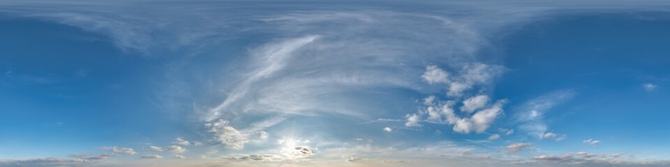 Wall Mural - blue skydome 360 hdri panorama with twilight clouds before sunset in equirectangular format with zen