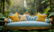 Amidst the vibrant greenery of a tropical forest, a mock-up showcases a pastel blue luxury classic sofa with gold elements, symbolizing tranquility and relaxation.