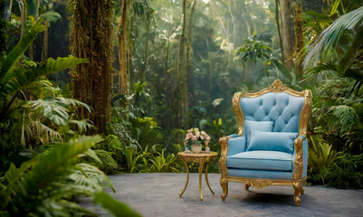 Wall Mural - Mock-up pastel blue luxury classic armchair nestled in a greenary tropical forest, symbolizing tranquility and relaxation.