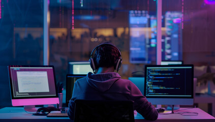 Wall Mural - A male software developer wearing headphones is seated in front of two computer monitors.