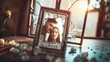 A broken mirror on the floor with an adult couple's photo inside, a man and woman in love in frame, Breaking up, emotional scene, blurred background