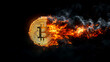 une pièce de bitcoin en feu sur fond noir