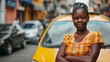 A woman taxi driver stands by the car