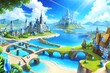 RPGゲーム俯瞰城と海と橋の国