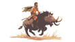Illustration design of a Man riding a wild boar flat vector