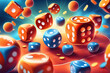 sport betting. create a scenario of dice, chips and cards and falling sports balls.many elements, blue background