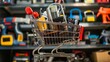 A shopping cart filled with various electrical goods signifies the consumer market for home electrical products, alongside a concept of delivery