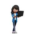 A woman is holding a laptop in her hand. She is wearing a blue business suit