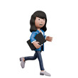 A woman in a blue suit is running with a black book in her hand. She is in a hurry and is focused on her task