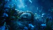 a Caucasian woman sleeping peacefully among sea plants at the ocean's floor, immersed by the gentle glow of the moonlight