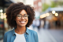 A Woman With Black Hair And Glasses Is Smiling On A City Street, Showcasing Her Vision Care Eyewear. She Looks Happy And Cool, A True Beauty While Traveling