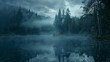 a dark and foggy ethereal forest, misty lake in foreground