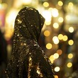 , exotic cloak with shimmering scales, negotiating trade deal in bustling alien market, photography, golden hour light, depth of field bokeh effect