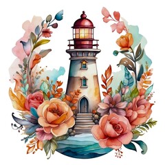 Wall Mural - Watercolor illustration of a colorful lighthouse architecture building with flowers on isolated white background.
