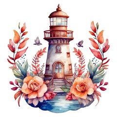 Wall Mural - Watercolor illustration of a colorful lighthouse architecture building with flowers on isolated white background.
