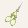 Metal vintage scissors with green handles. Sewing or tailoring tools kit single icon in flat style vector symbol stock illustration. Illustration with various scissors for grooming.