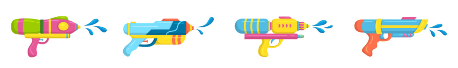 Vector plastic children's toy water gun icons set isolated on white background. Multi-colored cartoon summer pistols collection. Songkran festival traditional game illustration