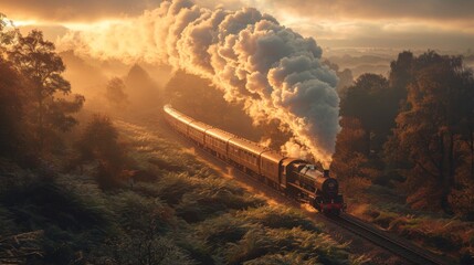 Train Journey Through Countryside: An atmospheric photo of a train journey through scenic countryside, emphasizing the romance of travel by rail