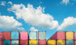 Colorful Stacked Cargo Containers Against a Vibrant Blue Sky With Fluffy Clouds
