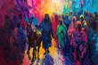 Christs humble entry into Jerusalem on a donkey, acrylic crowd scenes in vibrant hues