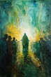 Divine light surrounds Jesus as he greets his followers, captured in lush acrylic textures
