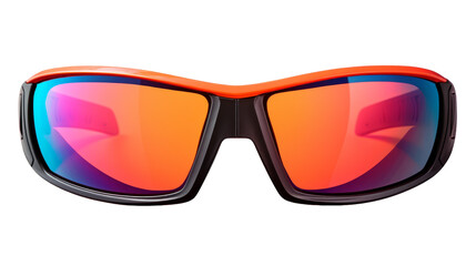 Sticker - A pair of sleek sunglasses with a vibrant red frame, reflecting the world around them