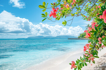 Sticker - A beautiful beach with a clear blue ocean and pink flowers on the shore