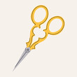 Metal vintage scissors with yellow handles. Sewing or tailoring tools kit single icon in flat style vector symbol stock illustration. Illustration with various scissors for grooming.