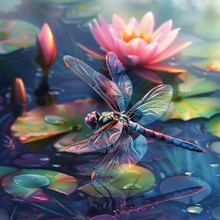 Delightful Dragonfly Over A Lily Pond, Bright Colors, Clean Background, Realistic HD Characters, Dragonfly Darting Gracefully