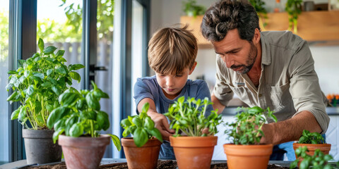 Wall Mural - Father with a boy planting herbs at home