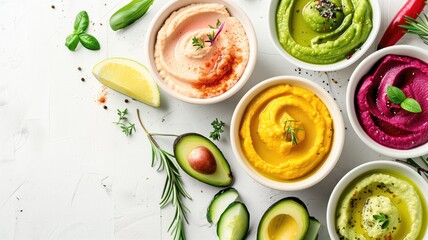 Assorted colorful bowls of fresh hummus and avocado dips with herbs on a white background