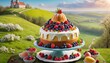 A vibrant Easter cake adorned with berries on a spring day, nestled in a pastoral landscape with a picturesque trail leading to a hilltop house.. AI Generation