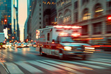 Fototapeta Panele - A fast traffic of a medical ambulance vehicle at speed in the city, blurry car and city background 