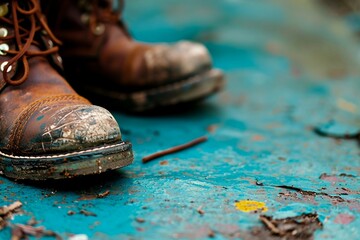 a pair of dirty boots on a blue surface