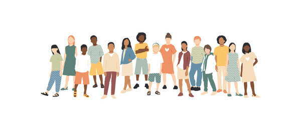 Children of different ethnicities stand side by side together. Flat vector illustration.