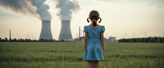 Child watches smoke coming out of the chimney and cooling tower of a power plant - ai generated Image