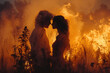 fotografía cinematográfica conceptual de una pareja sobre las relaciones de pareja y la toxicidad y el amor libre, pareja en llamas