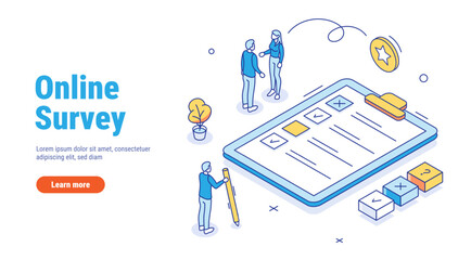 Online Survey outline isometric. People characters filling test in customer survey form. Woman and man putting check mark on checklist. Customer experiences and satisfaction vector concept. 