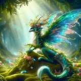 Fototapeta Do akwarium - A digital painting of a mythical dragon with fairy wings, adorned with floral elements, resting in an enchanted forest. AI Generation