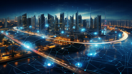 Wall Mural - city of the future Wireless network with Big Data, high speed internet connection