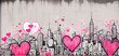 Downtown urban concrete wall with graffiti like artwork depicting tall buildings and skyscrapers with pink hearts - colorful and lively street art to beautify and bring love and unity to inner city.