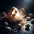 A dramatic visual metaphor depicting a glowing silhouette within an eggshell, illustrating the emergence of life and potential.. AI Generation
