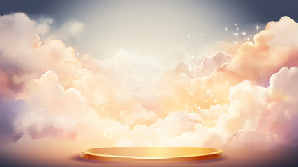Wall Mural - an empty golden podium on a cloudy background for the presentation of goods in watercolor style